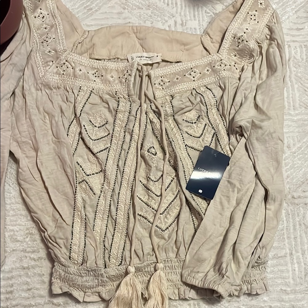 Lucky Brand Smocked Puff Sleeve Blouse in Tan and Cream